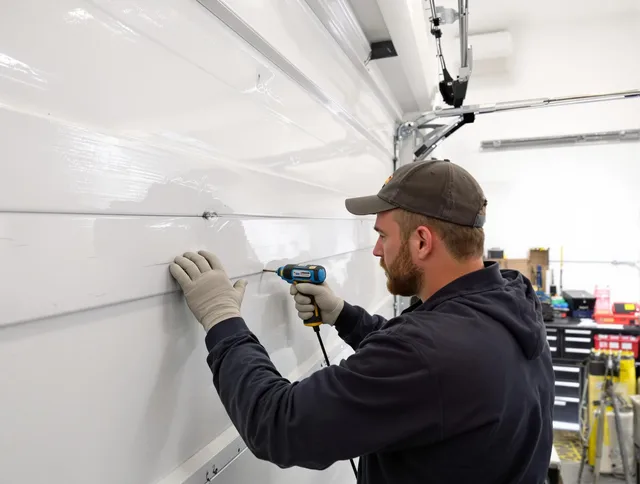 El Monte Garage Door Repair technician demonstrating precision dent removal techniques on a El Monte garage door