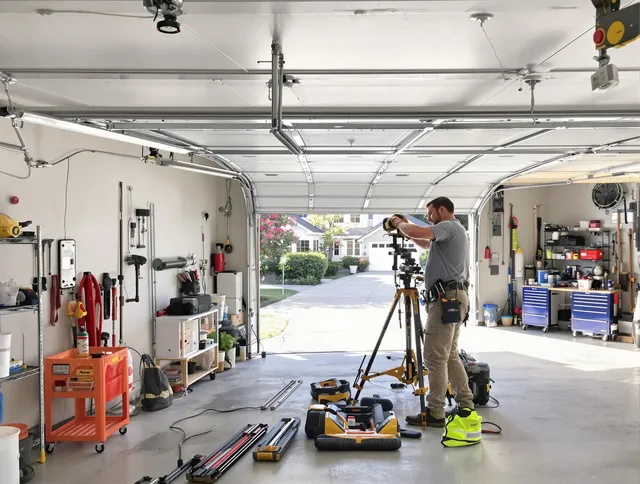 El Monte Garage Door Repair specialist performing laser-guided track alignment in El Monte
